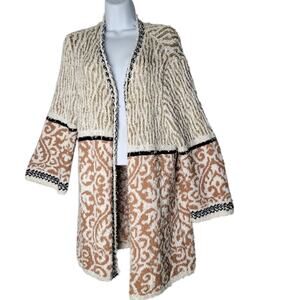 Chico’s Women’s Open Front Cardigan Sweater Metallic Gold Size 3 Artsy Lagenlook